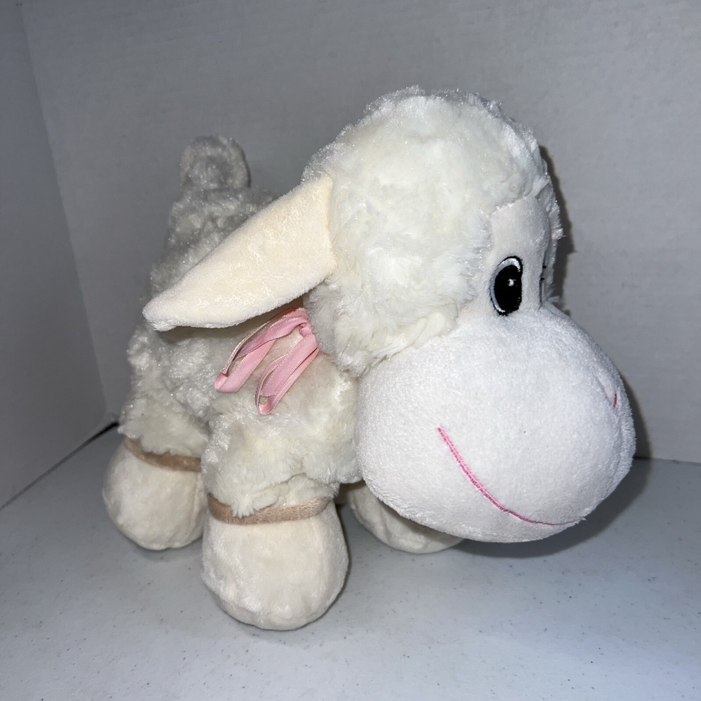 Dan Dee Cream LAMB Sheep Soft Fur 13" Plush Pink Nylon Bow Embroidered Eyes